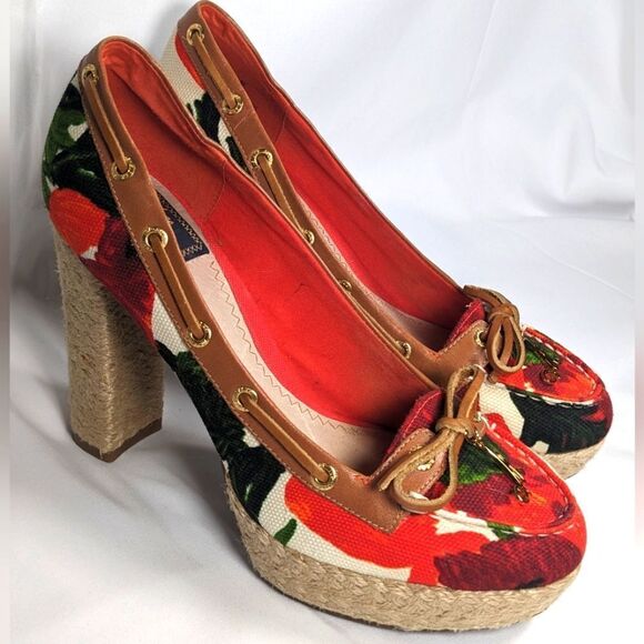 Milly for Sperry A/O Platform Heels in Roses Print Canvas/Cognac Size 7.5 - Picture 3 of 12